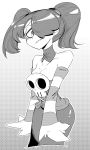  1girl breasts cleavage detached_collar detached_sleeves dress female gradient gradient_background hair_over_one_eye inarou_(rakugakiproject) monochrome skull skullgirls solo squigly_(skullgirls) stitched_mouth twintails zombie 