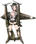  1girl aircraft airplane animal_ears balkenkreuz blue_eyes breasts cleavage full_body fw_189 garrison_cap grey_hair hat medium_breasts military original personification propeller short_hair shorts simple_background smile solo standing tail unzipped upeco white_background wolf_ears wolf_tail world_war_ii 