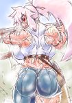  1girl artist_request ass female long_ponytail looking_back muscle ponytail red_eyes scar solo sweat white_hair 