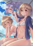  3girls anchira_(granblue_fantasy) backless_outfit beach bikini blonde_hair blush breasts brown_eyes chin_rest clouds djeeta_(granblue_fantasy) erun_(granblue_fantasy) eyebrows eyebrows_visible_through_hair granblue_fantasy hair_over_one_eye leaning_forward long_hair looking_at_viewer midriff monkey_ears multiple_girls navel nio_(granblue_fantasy) o-ring oukawa_yuu outdoors parted_lips ponytail purple_hair school_swimsuit short_hair sitting sky smile swimsuit umbrella under_boob water white_bikini yellow_eyes 