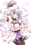  1girl angora_rabbit animal animal_on_head aqua_eyes belt black_legwear blue_skirt blush bow bowtie bunny_on_head cowboy_shot gochuumon_wa_usagi_desu_ka? hair_ornament hairclip hat hat_ribbon kafuu_chino lavender_hair long_hair looking_at_viewer low_twintails miniskirt nogi_takayoshi pantyhose parted_lips puffy_short_sleeves puffy_sleeves purple_bow purple_bowtie purple_ribbon rabbit ribbon short_sleeves skirt smile solo tippy_(gochuumon_wa_usagi_desuka?) top_hat twintails white_hat wrist_cuffs x_hair_ornament 