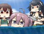  3girls ahoge aoba_(kantai_collection) baseball_bat bikini black_hair camera commentary crescent crescent_moon_pin dated gradient_hair hair_ribbon hair_tubes hamu_koutarou kantai_collection long_hair mizuho_(kantai_collection) multicolored_hair multiple_girls mutsuki_(kantai_collection) ocean ponytail purple_hair redhead ribbon sarong scrunchie shaded_face short_hair sidelocks sweat swimsuit very_long_hair 