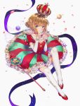  1girl brown_hair card_captor_sakura crown dangmill elbow_gloves gloves green_eyes hoshi_no_tsue kinomoto_sakura magical_girl planet puffy_sleeves short_hair solo thigh-highs wand white_legwear 