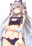  1girl 3: amatsukaze_(kantai_collection) bell bell_choker black_bra black_panties blush bra breasts brown_eyes cat_cutout cat_lingerie choker cleavage_cutout gloves hat heart jingle_bell kantai_collection long_hair navel panties revision side-tie_panties silver_hair simple_background single_glove solo sweatdrop twintails two_side_up underwear underwear_only white_background white_gloves yahako 