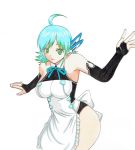  1girl ahoge apron aqua_hair bare_shoulders breasts bridal_gauntlets cowboy_shot dream_c_club_zero elbow_gloves for-somebody gloves gradient_hair green_eyes green_hair highleg highleg_leotard highres impossible_clothes large_breasts leotard looking_at_viewer multicolored_hair nonono_(dream_c_club) pale_skin robot_ears shiny shiny_hair short_hair smile solo traditional_media white_background 