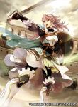  1girl armor armored_boots black_legwear boots breastplate cape clouds copyright_name fire_emblem fire_emblem_cipher fire_emblem_if gloves greaves hairband holding holding_sword holding_weapon long_hair official_art open_mouth pantyhose pink_hair shield skirt soleil_(fire_emblem_if) solo sword wadadot_lv weapon 