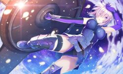  1girl arm_up armor armored_dress bare_shoulders benitsuki_tsubasa black_legwear black_panties blush boots breasts elbow_gloves fate/grand_order fate_(series) glint gloves gluteal_fold hair_over_one_eye lavender_hair looking_at_viewer medium_breasts panties parted_lips petals purple_gloves shield shielder_(fate/grand_order) short_hair solo thigh-highs thigh_boots underwear violet_eyes 