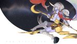  1girl blue_skin eclipseb full_body grey_hair hoof horn league_of_legends leg_wraps long_hair pointy_ears ponytail pouch sitting solo soraka staff tattoo white_legwear yellow_eyes 