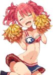  1girl alternate_hairstyle blush cheerleader closed_eyes highres idolmaster idolmaster_million_live! maihama_ayumu midriff multicolored_hair narumi_arata navel open_mouth pink_hair pom_poms skirt solo sweat twintails two_side_up wavy_mouth 