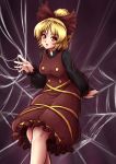  1girl :d blonde_hair blush bow breasts brown_bow brown_dress buttons dress hair_bow highres kurodani_yamame long_sleeves looking_at_viewer mazume medium_breasts open_mouth ponytail puffy_long_sleeves puffy_sleeves red_eyes short_hair silk smile solo spider_web touhou 
