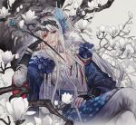  1boy black_gloves chinese_clothes eyebrows eyebrows_visible_through_hair fingerless_gloves gloves grey_background hand_on_own_thigh kiseru legs_crossed lin_xue_ya long_hair looking_at_viewer male_focus parted_lips peridotz pipe ponytail red_eyes simple_background sitting solo thunderbolt_fantasy tree very_long_hair white_hair 