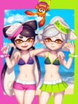  +_+ 2girls aori_(splatoon) beach bellhenge bikini bikini_shorts bikini_skirt fangs highres hotaru_(splatoon) inkling multiple_girls nail_polish ocean pointy_ears polka_dot polka_dot_bikini shorts snorkel splatoon swimsuit tentacle_hair 