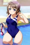  1girl absurdres bangs barefoot blue_eyes blue_swimsuit blush breasts brown_hair closed_mouth collarbone competition_swimsuit covered_navel feet frown goggles highres inou_shin ladder love_live! love_live!_sunshine!! official_art one-piece_swimsuit pool solo sparkle strap_pull swept_bangs swim_cap swimsuit thighs tile_floor tiles toes watanabe_you water 