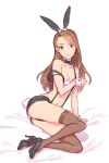  1girl animal_ears arm_support bare_shoulders blush breasts brown_hair bunny_tail cleavage clinexgrim covering covering_breasts hair_ribbon high_heels highres idolmaster long_hair looking_at_viewer minase_iori navel off_shoulder rabbit_ears red_eyes ribbon short_shorts shorts solo sweatdrop tail thigh-highs 