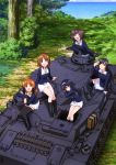  5girls absurdres akiyama_yukari bangs black_eyes black_hair black_legwear boots brown_eyes brown_hair emblem girls_und_panzer ground_vehicle headphones headphones_around_neck highres isuzu_hana long_hair military military_vehicle miniskirt motor_vehicle multiple_girls nishizumi_miho official_art panzerkampfwagen_iv pleated_skirt reizei_mako short_hair skirt takebe_saori tank thigh-highs uniform white_skirt zettai_ryouiki 