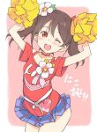  1girl ;d black_hair blush cheerleader choker deyuuku flower hair_flower hair_ornament happy_maker! love_live! love_live!_school_idol_project one_eye_closed open_mouth pom_poms red_eyes skirt smile solo twintails yazawa_nico 