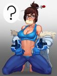  1girl ? baozi belt breasts brown_hair cleavage daft_v_lim dressing eating food food_in_mouth fur_trim glasses hair_ornament hair_stick hairpin highres jacket jacket_off_shoulders mei_(overwatch) navel off_shoulder open_fly overwatch panties solo spoken_question_mark sports_bra stomach tank_top underwear 