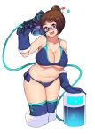  1girl beads bikini black-framed_eyewear boots breasts brown_hair cleavage glasses gloves hair_bun hair_ornament hair_stick heart heart_in_mouth highres large_breasts looking_at_viewer mei_(overwatch) navel overwatch plump rumo short_hair smile solo swimsuit 