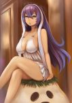  1girl bad_proportions breasts cleavage dress enumiyan highres indoors isabelle_(shadowverse) large_breasts legs_crossed looking_at_viewer open_mouth purple_hair shadowverse sitting solo white_dress 