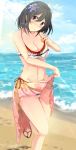  1girl beach bikini black_hair blue_sky blurry blush breasts brown_eyes cleavage clouds cloudy_sky depth_of_field flower hair_flower hair_ornament head_tilt headgear kantai_collection large_breasts looking_at_viewer red_eyes sandals sarong shohei_(piranha5hk) short_hair sky smile solo standing swimsuit water yamashiro_(kantai_collection) 