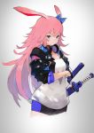  1girl animal_ears black_gloves black_shorts blue_eyes breasts closed_mouth commentary cowboy_shot fox_ears gloves hair_between_eyes half_gloves headphones headphones_around_neck highres honkai_(series) honkai_impact_3rd katana lard_(kumazakiyuta) long_hair medium_breasts messy_hair pink_hair shirt shorts solo standing sword thighs very_long_hair weapon white_shirt yae_sakura yae_sakura_(goushinnso_memento) 