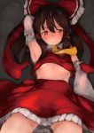 1girl absurdres arm_up armpits ascot blush bow brown_hair detached_sleeves hair_between_eyes hair_bow hair_tubes hakurei_reimu highres hplay long_hair looking_at_viewer lying red_bow red_eyes red_skirt ribbon-trimmed_sleeves ribbon_trim sidelocks skirt solo sweat touhou vest 