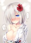  ... 1girl ai_takurou bare_shoulders blue_eyes blush breasts can cleavage collarbone eyebrows eyebrows_visible_through_hair flower grey_background hair_flower hair_ornament hair_over_one_eye hairclip hamakaze_(kantai_collection) holding japanese_clothes kantai_collection kimono large_breasts long_sleeves looking_at_viewer motion_lines nose_blush off_shoulder one_eye_covered parted_lips print_kimono short_hair silver_hair solo speech_bubble spoken_ellipsis upper_body 