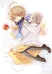  1boy ahoge apple bag barufoa blonde_hair food fruit green_eyes laphicet_(tales) open_mouth simple_background solo star tales_of_(series) tales_of_berseria thigh-highs white_background 
