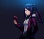  1girl artist_request bangs black_hair cellphone expressionless fur_coat julianne_stingray long_hair phone sidelocks smartphone solo twintails va-11_hall-a violet_eyes 