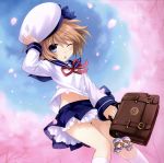  1girl absurdres blanc blue_eyes brown_hair character_doll cherry_blossoms choujigen_game_neptune hat highres looking_at_viewer navel neptune_(series) one_eye_closed open_mouth ram_(choujigen_game_neptune) rom_(choujigen_game_neptune) school_uniform short_hair solo tsunako 