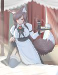  1girl alternate_costume animal_ears apron bed black_legwear blush breasts brown_hair coffee_pot cube85 cup curtains english garter_straps highres imaizumi_kagerou large_breasts light_rays long_hair looking_at_viewer red_eyes smile solo sunbeam sunlight teacup teapot thigh-highs touhou tray underbust wolf_ears 