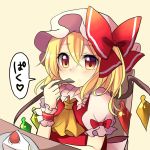  1girl ascot blonde_hair blush bow cake crystal eating flandre_scarlet food food_on_face hat hat_bow mob_cap puffy_short_sleeves puffy_sleeves red_bow red_eyes ruhika short_sleeves side_ponytail solo spoon_in_mouth touhou upper_body wings wrist_cuffs 