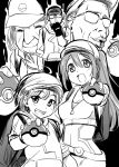  10s 2girls 3boys aura backpack bag baseball_cap blush commentary_request female_protagonist_(pokemon_go) fingerless_gloves glasses gloves grin hat hijiri_tsukasa long_hair looking_at_viewer middle_finger monochrome multiple_boys multiple_girls navel older open_mouth original outstretched_arm poke_ball pokemon pokemon_go short_hair sketch smile 