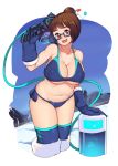  1girl beads bikini black-framed_eyewear boots breasts brown_hair cleavage glasses gloves hair_bun hair_ornament hair_stick heart heart_in_mouth highres large_breasts looking_at_viewer mei_(overwatch) navel overwatch plump rumo short_hair smile snow solo swimsuit 