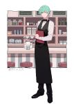  1boy apron aqua_hair bar_stool bow bowtie full_body glass gyunyu gyuunyuu_(mashika) ichigo_hitofuri jar male_focus menu personification shelf smile solo stool touken_ranbu tray waiter yellow_eyes 