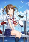  1girl absurdres bench bird blue_eyes blue_sky blush brown_hair clouds collarbone grin hair_ribbon hat hat_removed headwear_removed high_school_fleet highres holding holding_hat lemon_tea_(15058751917) lifebuoy looking_at_viewer misaki_akeno one_eye_closed peaked_cap pleated_skirt ribbon school_uniform seagull serafuku short_hair short_sleeves sitting skirt sky smile solo teeth twintails water_drop windmill yellow_ribbon 