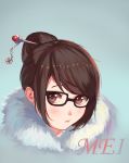  1girl :t bangs beads black-framed_eyewear brown_eyes brown_hair character_name coat face fur-lined_jacket fur_coat fur_trim glasses hair_bun hair_ornament hair_stick highres looking_at_viewer mei_(overwatch) mu_rong overwatch pout short_hair sidelocks simple_background snowflake_hair_ornament solo swept_bangs winter_clothes winter_coat 