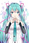  1girl aqua_eyes aqua_hair aqua_nails aqua_necktie blush breasts cable detached_sleeves fingers_together hair_ornament hatsune_miku headset long_hair looking_at_viewer mamemena nail_polish necktie open_mouth shirt small_breasts smile solo teeth twintails upper_body vocaloid 