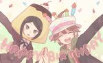  1boy 1girl black_hair blush brown_hair cake_hat closed_eyes confetti dangan_ronpa dangan_ronpa_1 freckles hands_together happy_birthday hood hoodie ikusaba_mukuro jitome mikuni_(open-ranka) naegi_makoto pudding ribbon school_uniform simple_background smile 