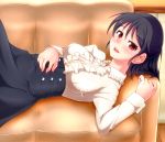  1girl black_hair blush breasts couch frilled_shirt frills from_side hand_on_own_stomach hiden_(takanori) high-waist_skirt highres looking_at_viewer lying medium_breasts on_back open_mouth original red_eyes shirt short_hair solo 