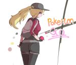  10s 1girl ass baseball_cap blonde_hair blue_eyes breasts female_protagonist_(pokemon_go) fingerless_gloves from_behind gloves haryu_moe hat holding_poke_ball long_hair pantyhose poke_ball pokemon pokemon_go ponytail shorts sideboob simple_background smile solo white_background 