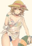  1girl bow bracelet breasts brown_eyes brown_hair commentary_request cowboy_shot earrings eroriru hair_between_eyes hat hat_bow innertube jewelry large_breasts looking_at_viewer original parted_lips ring shirt short_hair simple_background solo straw_hat swimsuit tied_shirt white_background 