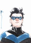  1boy artist_signature batman_(series) black_hair bodysuit dc_comics dick_grayson domino_mask dustin_nguyen male_focus mask nightwing simple_background solo 