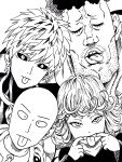  1girl 3boys artist_request bald black_sclera chin cleft_chin closed_eyes earrings eyebrows eyelashes facial_hair genos highres ink_(medium) jewelry lee_(dragon_garou) monochrome mouth_pull multiple_boys official_style one-punch_man open_mouth puri_puri_prisoner saitama_(one-punch_man) stubble stud_earrings tatsumaki tongue tongue_out traditional_media 