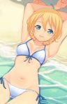  1girl armpits arms_up bangle beach bikini blonde_hair blue_eyes blush bracelet braid breasts breasts_apart clenched_hands darjeeling from_above front-tie_top girls_und_panzer groin hair_between_eyes jewelry kame^^ looking_at_viewer lying navel on_back open_mouth partially_submerged side-tie_bikini smile solo swimsuit thigh_gap thighs water white_bikini 