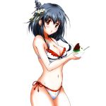  1girl :o adosan angry bikini black_hair blush bowl breasts cleavage hair_ornament kantai_collection large_breasts looking_at_viewer midriff navel red_eyes shaved_ice short_hair side-tie_bikini simple_background solo spoon swimsuit white_background yamashiro_(kantai_collection) 