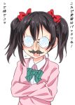  1girl black_hair bow crossed_arms funny_glasses glasses hair_bow highres looking_at_viewer love_live! love_live!_school_idol_project miyao_ryuu open_mouth red_eyes school_uniform short_hair short_twintails solo standing translation_request twintails upper_body white_background yazawa_nico 