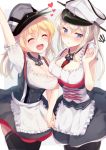  2girls :d :o ^_^ adapted_costume apron arm_up asymmetrical_docking black_legwear blonde_hair blue_eyes breast_press breasts cleavage closed_eyes corset detached_collar dirndl german_clothes graf_zeppelin_(kantai_collection) hand_holding hat hear heart highres igakusei interlocked_fingers kantai_collection large_breasts long_hair low_twintails multiple_girls open_mouth pantyhose peaked_cap prinz_eugen_(kantai_collection) smile spiral thigh-highs tongue tongue_out twintails underbust waist_apron white_background 