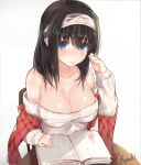  1girl bare_shoulders black_hair blue_eyes blush book breasts hairband highres idolmaster idolmaster_cinderella_girls kyouki large_breasts long_hair looking_at_viewer sagisawa_fumika shawl sketch solo 