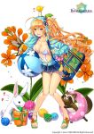  1girl ahoge animal animal_on_head anklet bag ball bangs bare_legs beachball beads bird blue_skirt blush breasts bucket casual_one-piece_swimsuit city_forest_online collarbone copyright_name epidendrum_(flower_knight_girl) flower flower_knight_girl food full_body grimace hair_beads hair_between_eyes hair_ornament hamster hood hooded_jacket innertube jacket jewelry knees_together_feet_apart leaning_forward long_hair long_sleeves looking_at_viewer miniskirt musical_note no_socks object_namesake official_art one-piece_swimsuit open_clothes open_jacket open_mouth orange_hair plant pleated_skirt rabbit raccoon red_eyes sandals scrunchie seashell shell shoulder_bag shrimp shrimp_tempura side_ponytail skirt sleeves_past_wrists squirrel standing striped swimsuit swimsuit_under_clothes tempura thigh_gap toes very_long_hair watermark wavy_hair white_background 